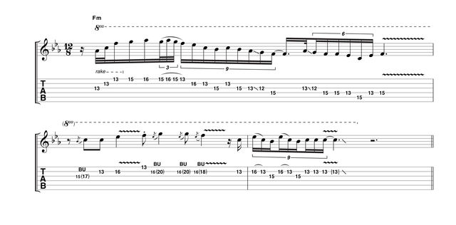 blank Back to the bridge pickup, this phrase suggests a solo in mid-flight. Apart from the usual timing intricacies, be aware of the very wide bends in bar 2. These are tricky, so spend a little time on them and don't be too harsh on yourself.